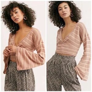 Free people give it a spin pink white striped bell sleeve knit crop top xs